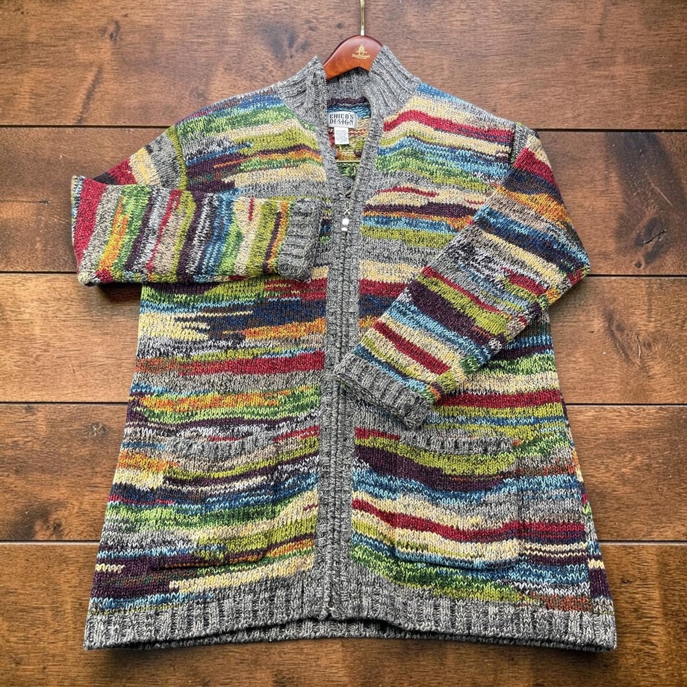 Vintage Chico's Design Womens Space Dye Chunky Knit Zip Cardigan Multicolor 1 L